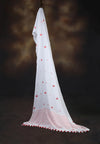 White cotton saree with red buti motifs and striped border