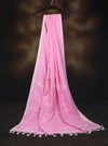 Lightweight pink cotton saree with subtle white accents and tassel border.