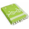 Light green cotton saree with delicate white motifs and tassel detailing.