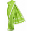 Light green cotton saree with delicate white motifs and tassel detailing.